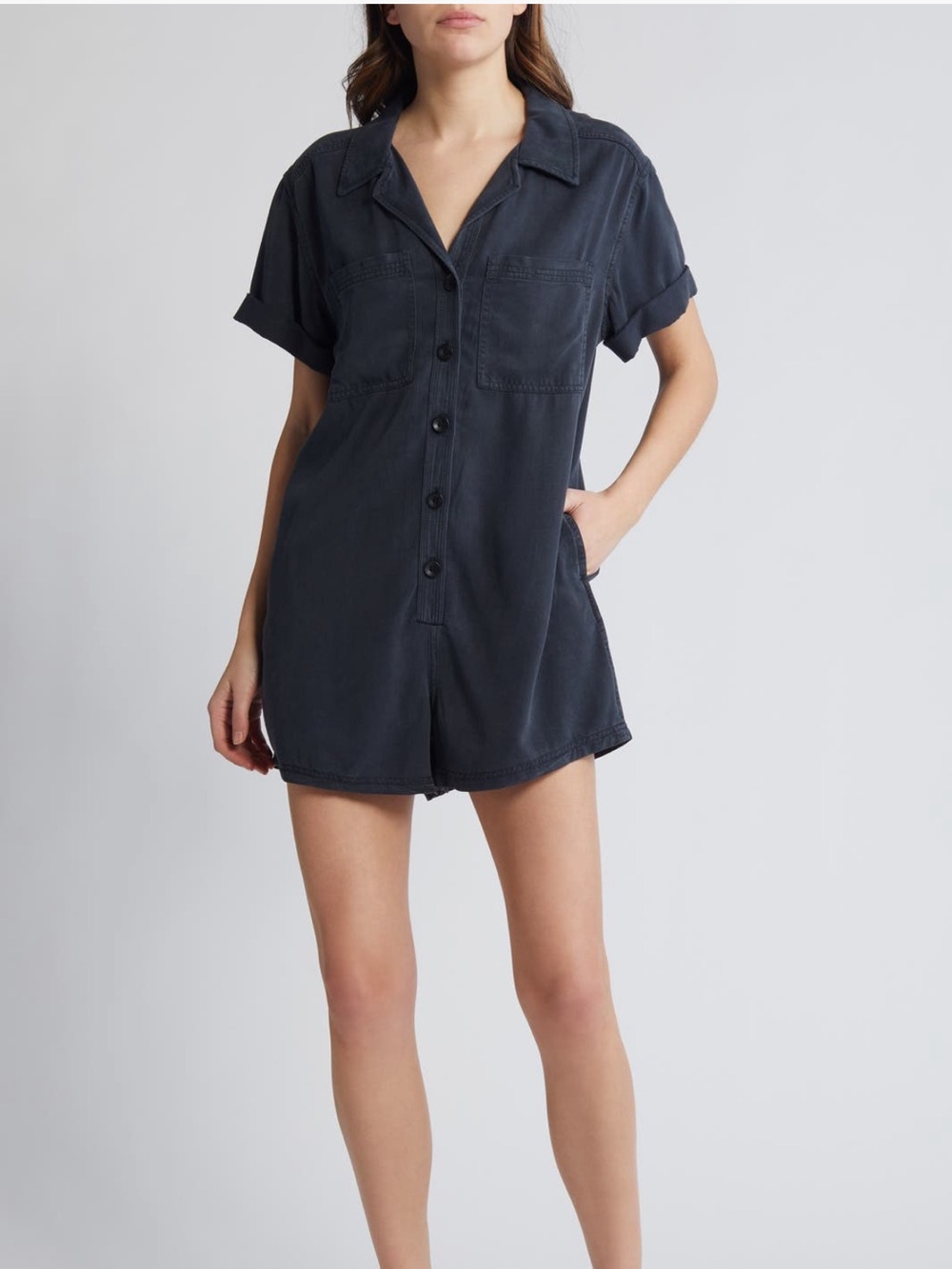 Casual Short-Sleeve Button-Front Romper